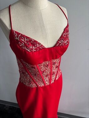 Red Embellished Spaghetti-Strap Dress